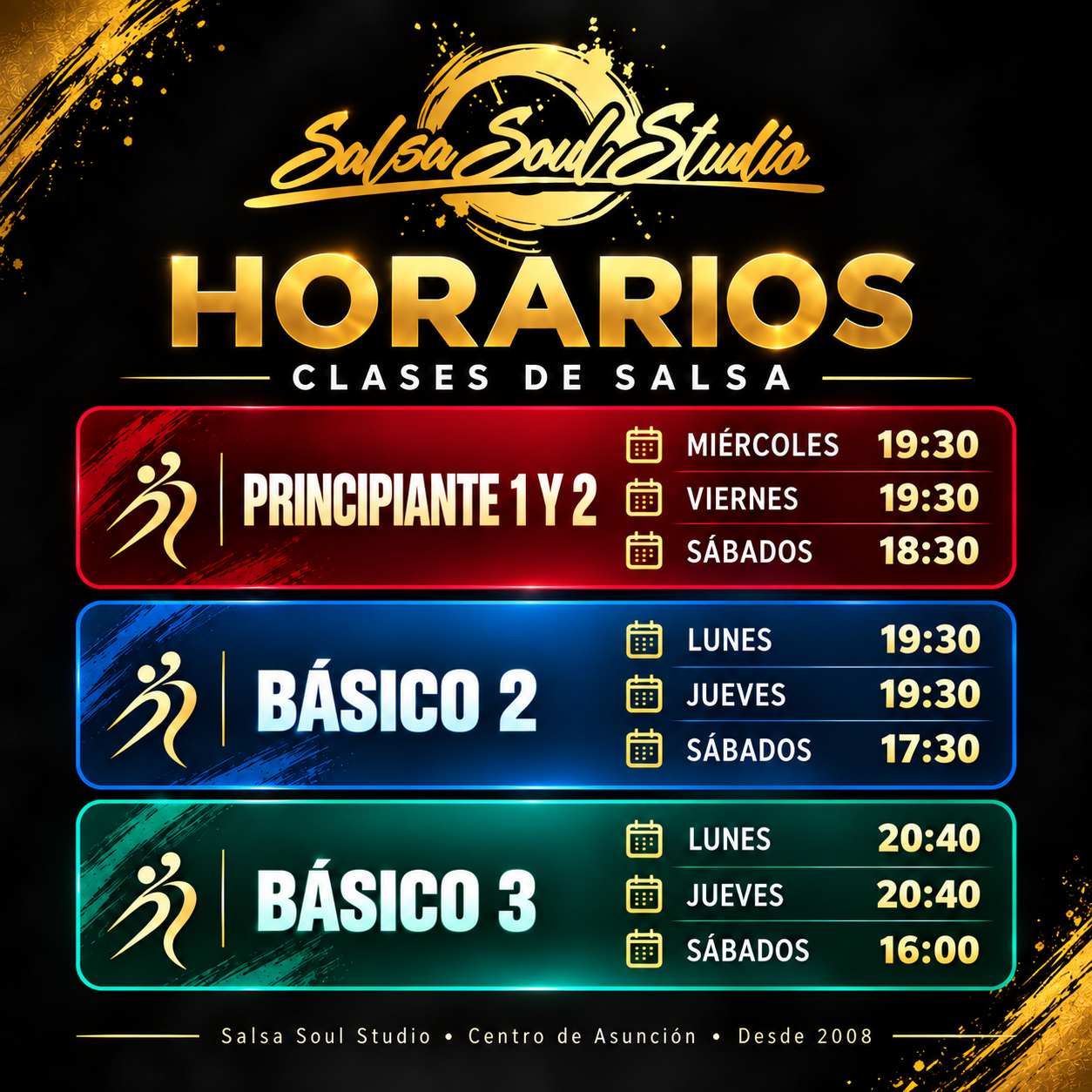 Horarios Principiante 1 y 2, Básico 2 y Básico 3