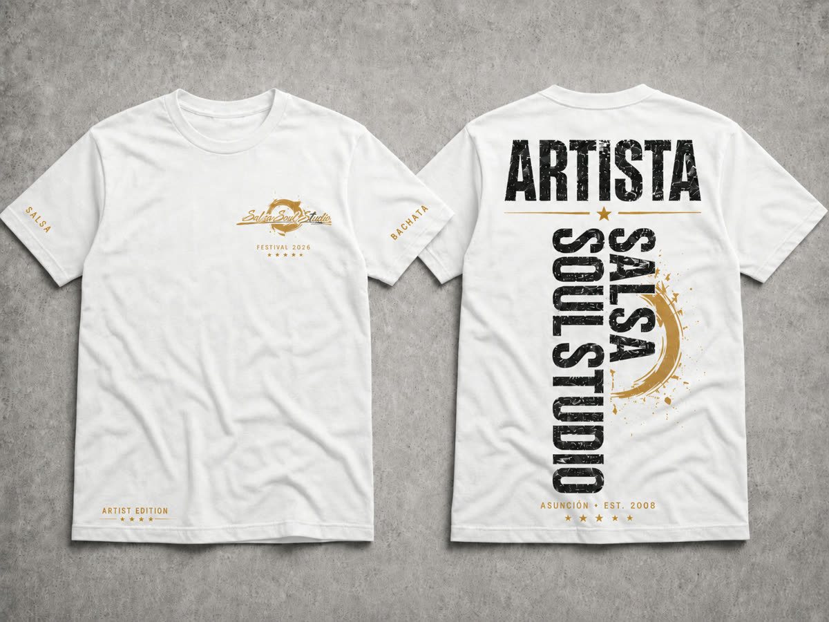 Remera básica blanca del Festival 2026 — frente y espalda