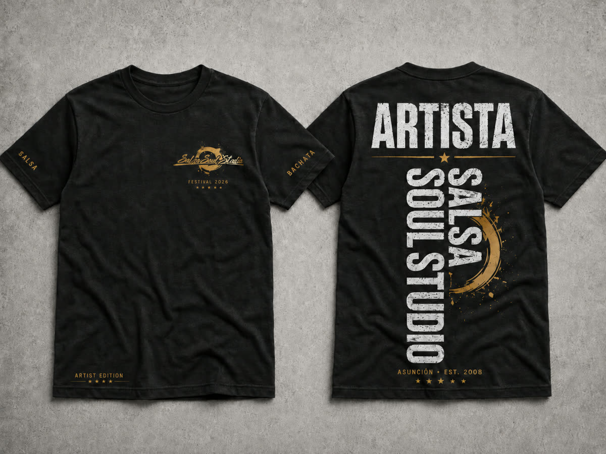 Remera básica negra del Festival 2026 — frente y espalda